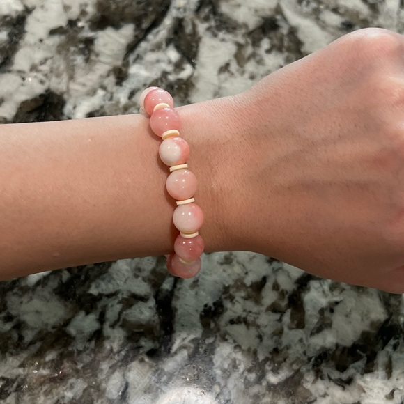 Hand Crafted 10mm Strawberry Rose Quartz Stretch Bracelet by Sky & Seashells - Picture 3 of 3